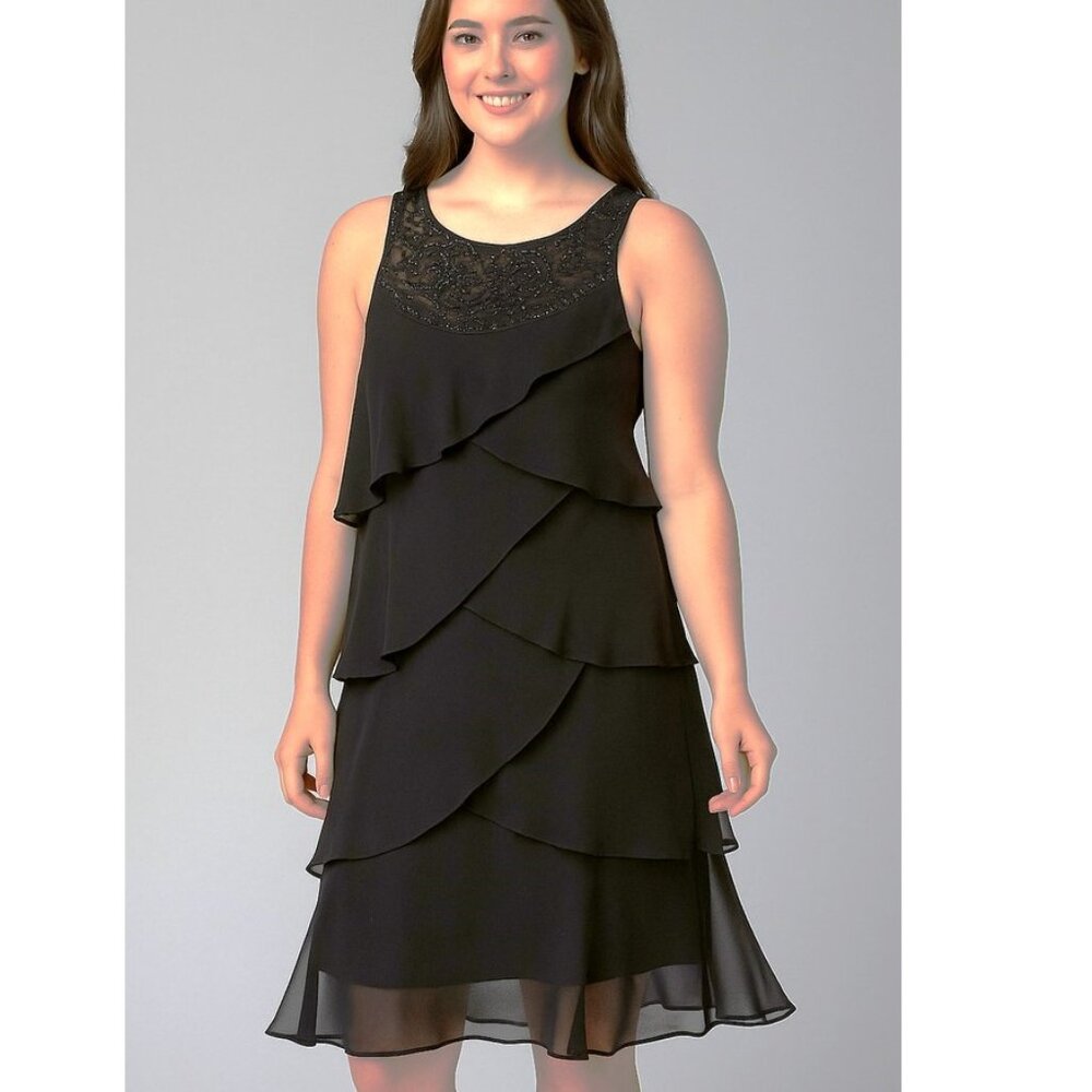 SLNY Beaded Tiered Special Occasion Black Dress,Size 6P